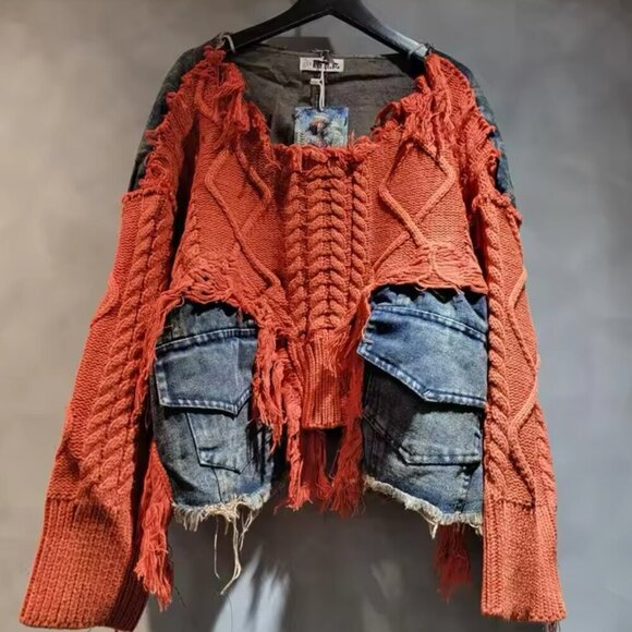 Upcycled Orange Knit & Denim Destroyed Sweater – Statement Piece NWT - Picture 1 of 16